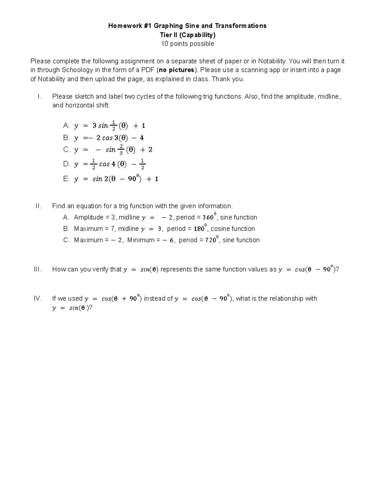 Homework 1 Graphing Sine and Cosine Functions with Transformations Tier ...