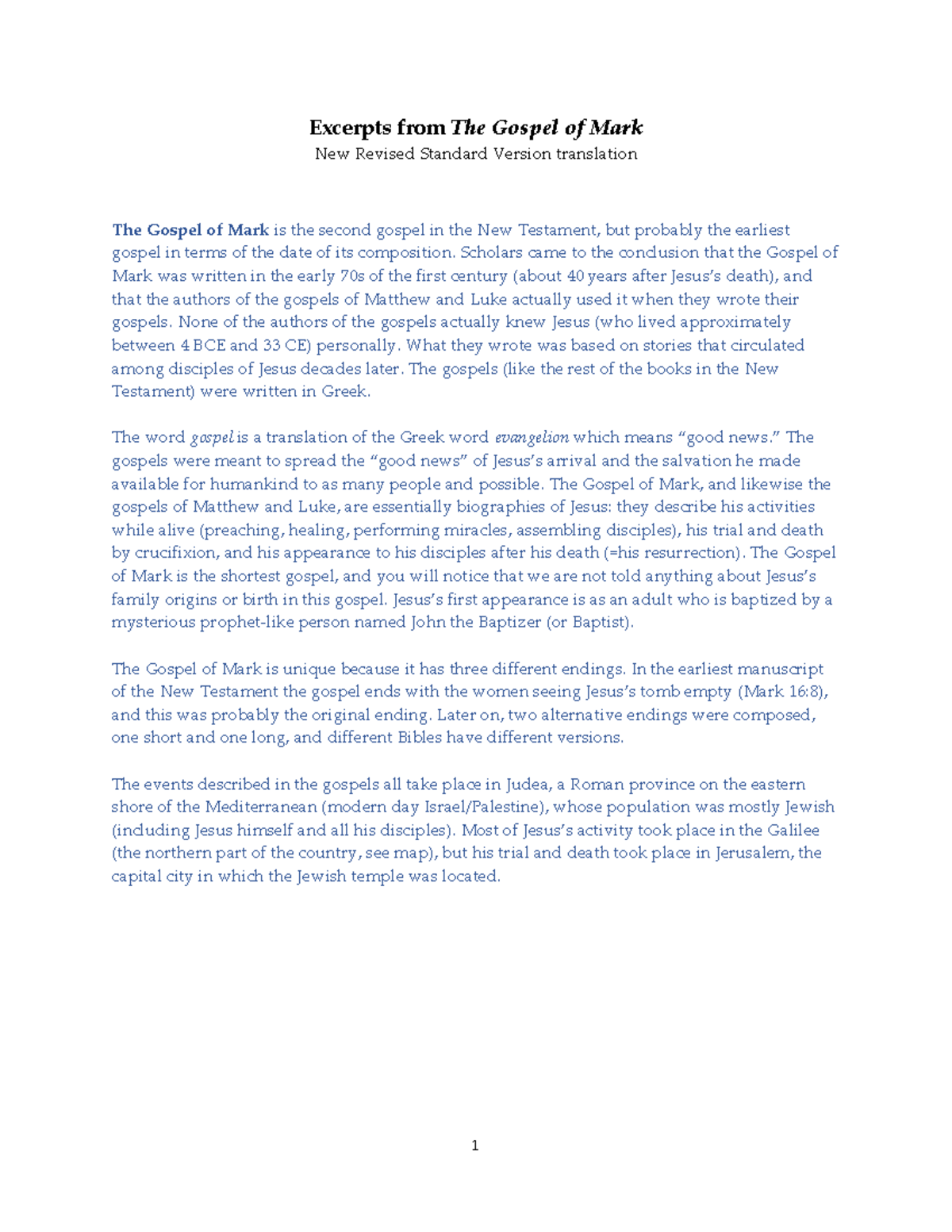4 The Gospel of Mark - Summary of reading - Excerpts from The Gospel of ...