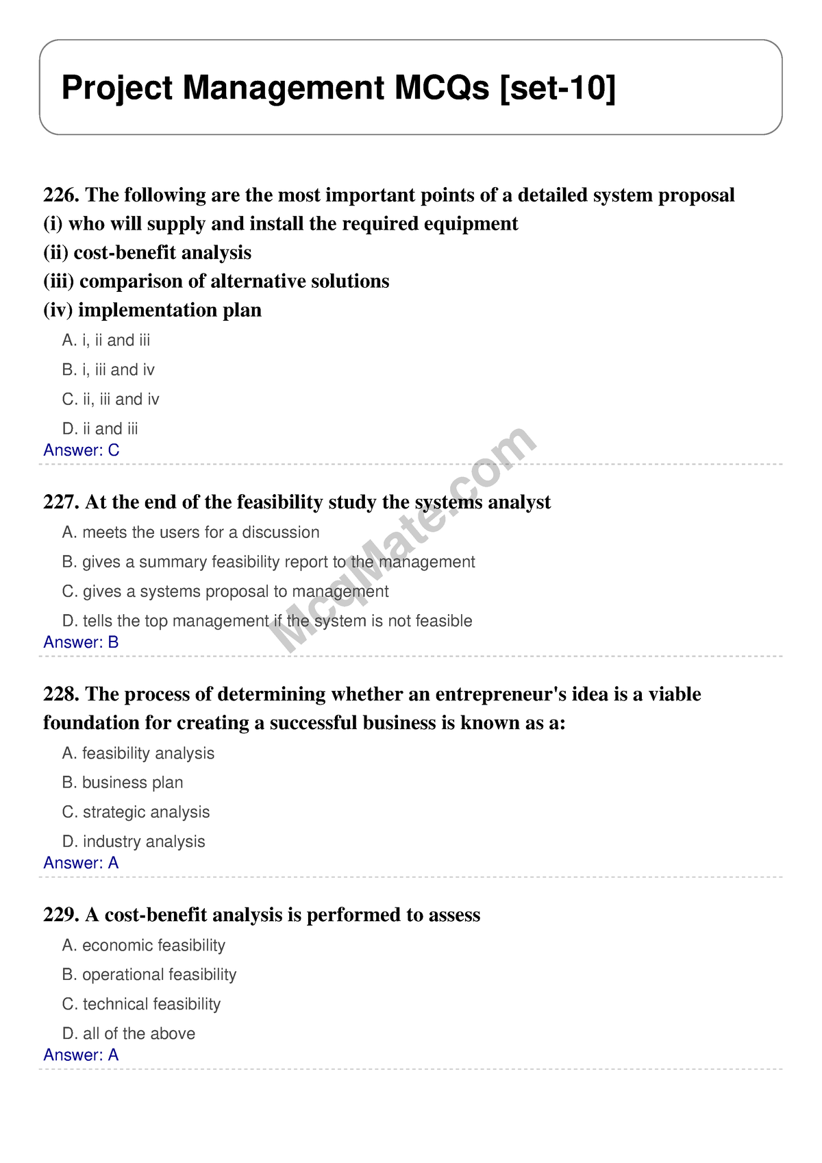 Project Management Mcq - McqMate Project Management MCQs [set-10] 226 ...