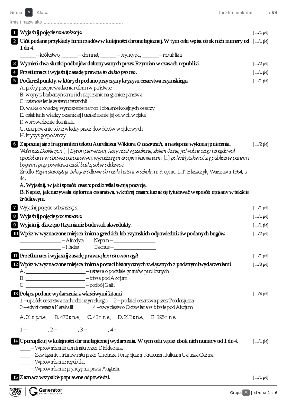 Antyczny Rzym Sprawdzian 1 Liceum Rozszerzenie www.studocu.com