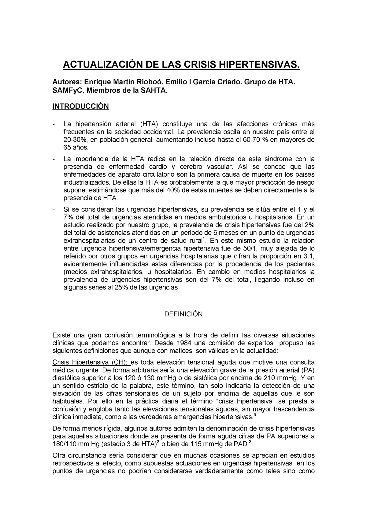 Crisis hipertensiva 2 ACTUALIZACIN DE LAS CRISIS HIPERTENSIVAS Autores Enrique MartÌn