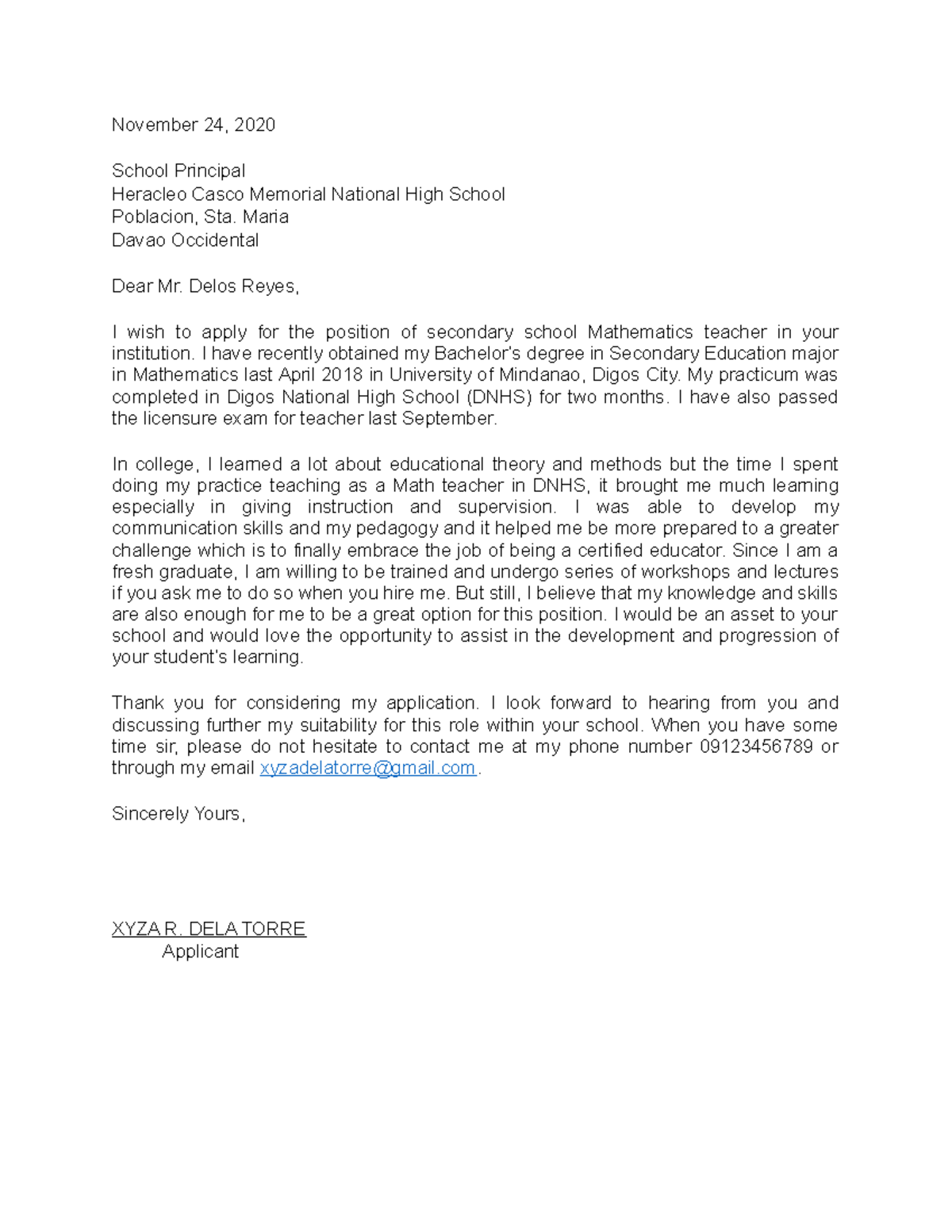 Inquiry Letter - Example - November 24, 2020 School Principal Heracleo ...