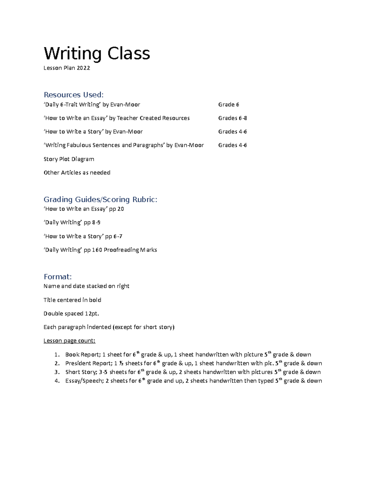 Writing Class - Writing Class Lesson Plan 2022 Resources Used: ‘Daily 6 ...