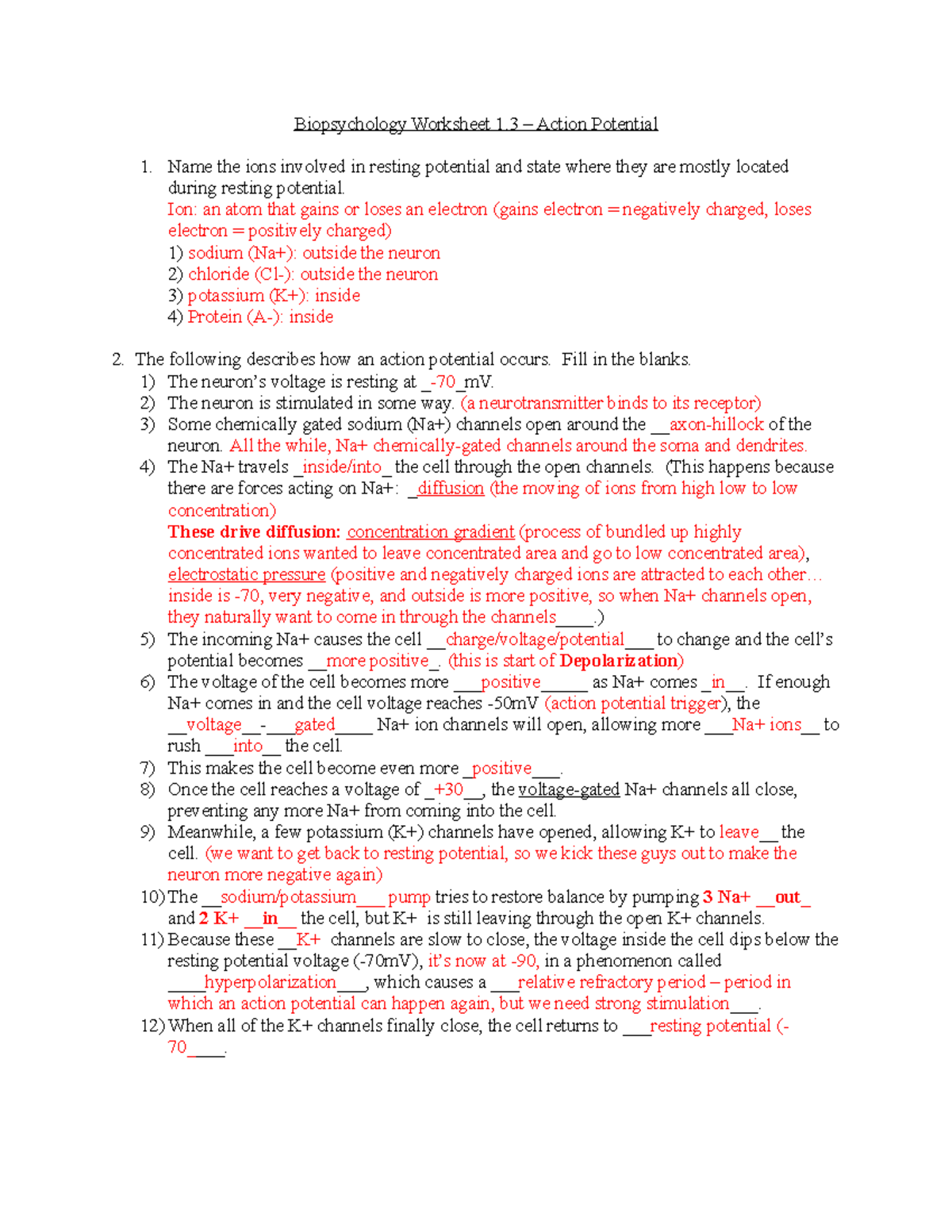 1.3 - Action Potential - Biopsychology Worksheet 1 Action Potential 1. Name the ions involved in - Studocu 1.3 - Action Potential - Biopsychology Worksheet 1 Action Potential 1. Name the ions involved in - Studocu