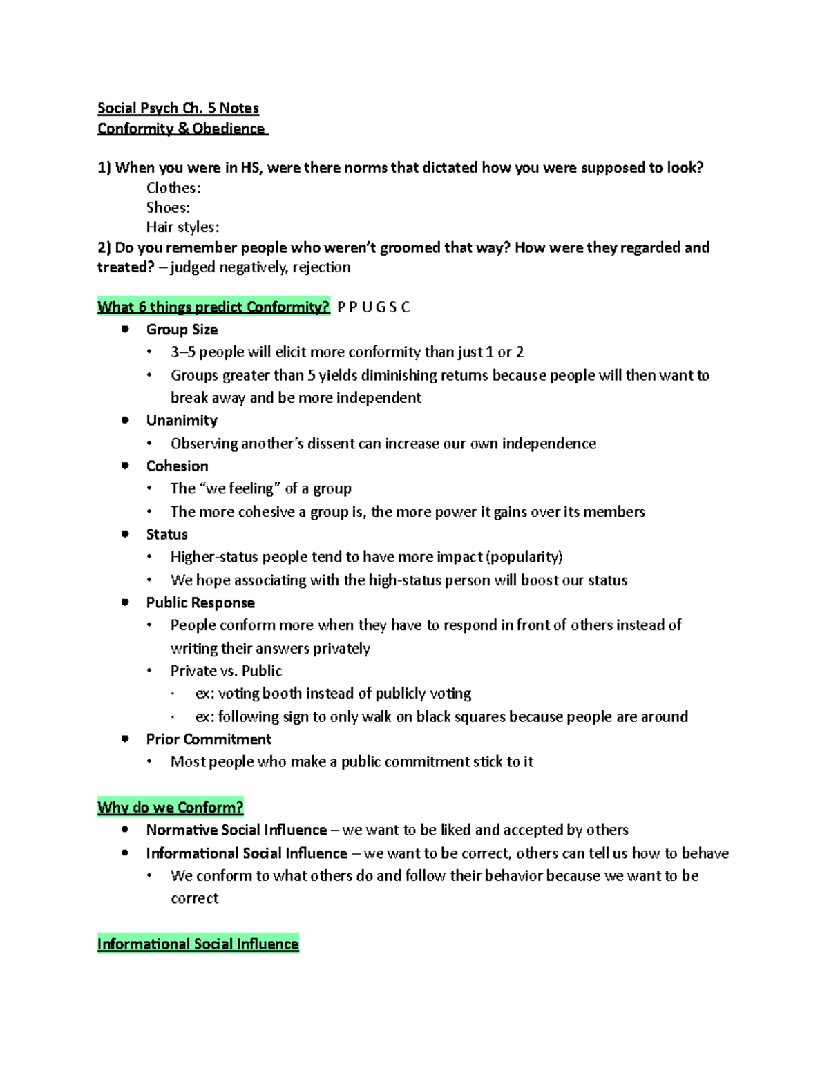 Social Psych Ch. 5 Conformity Notes - Social Psych Ch. 5 Notes ...