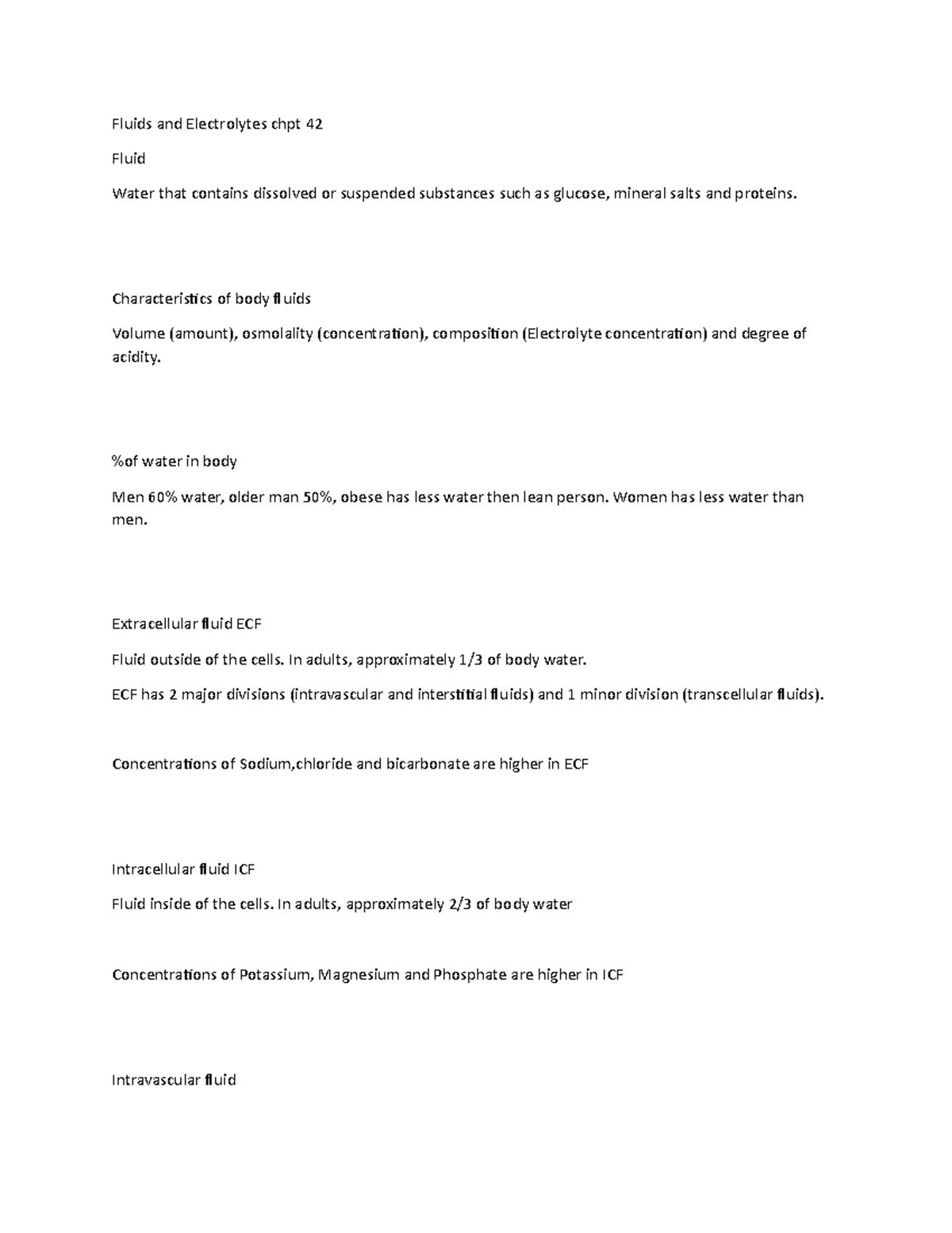 Fluids and Electrolytes chpt 42 - Characteristics of body fluids Volume ...