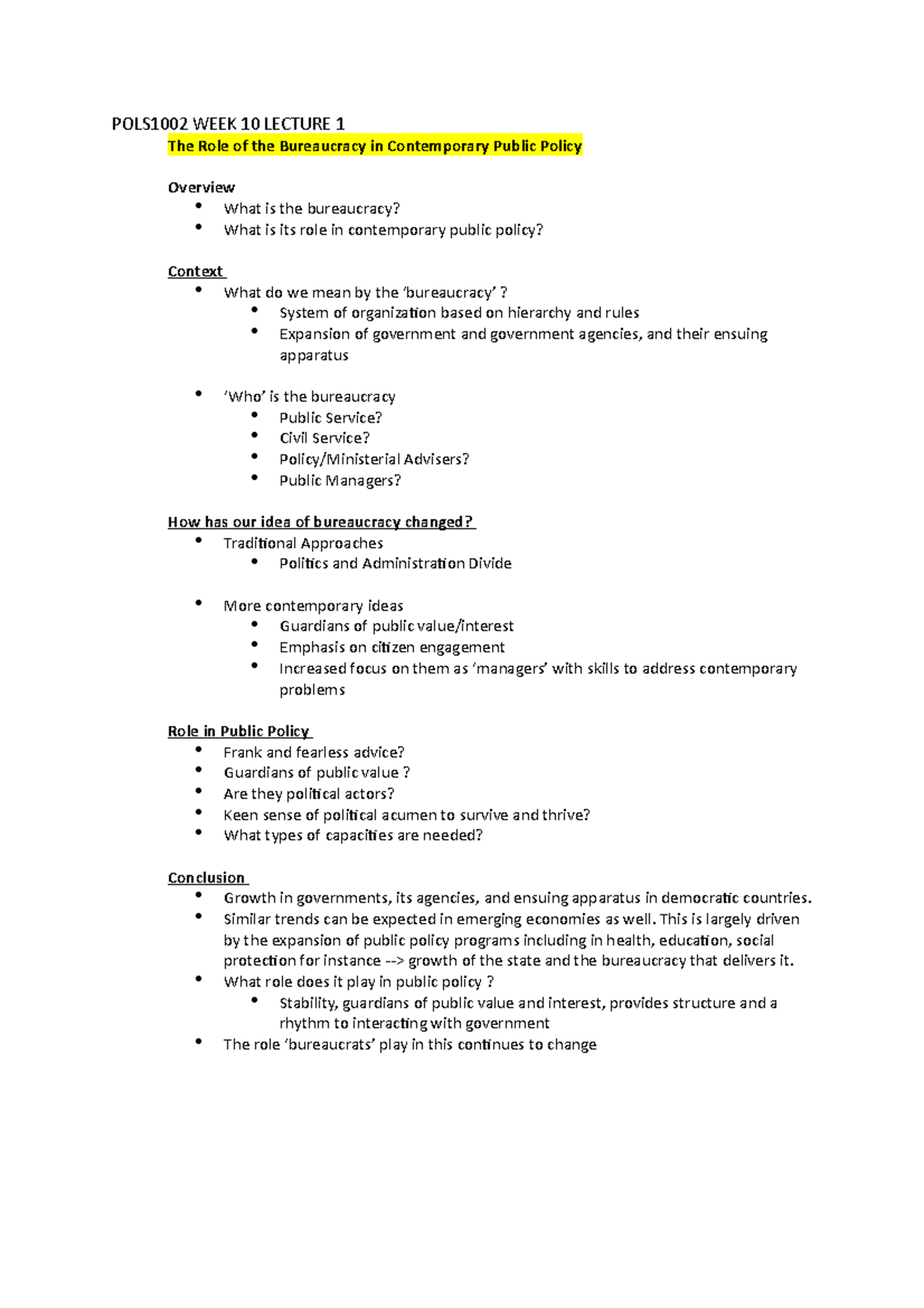 POLS1002 WEEK 10 Lecture 1 - POLS1002 WEEK 10 LECTURE 1 The Role of the ...