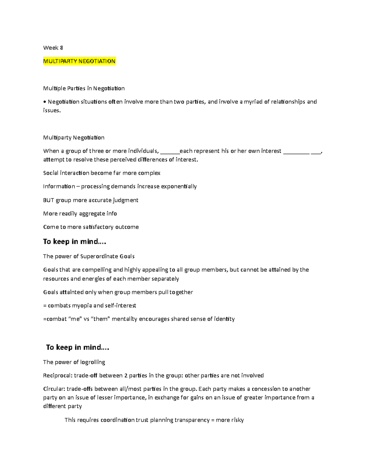 Week 8 - Lecture notes 8 - Week 8 MULTIPARTY NEGOTIATION Multiple ...