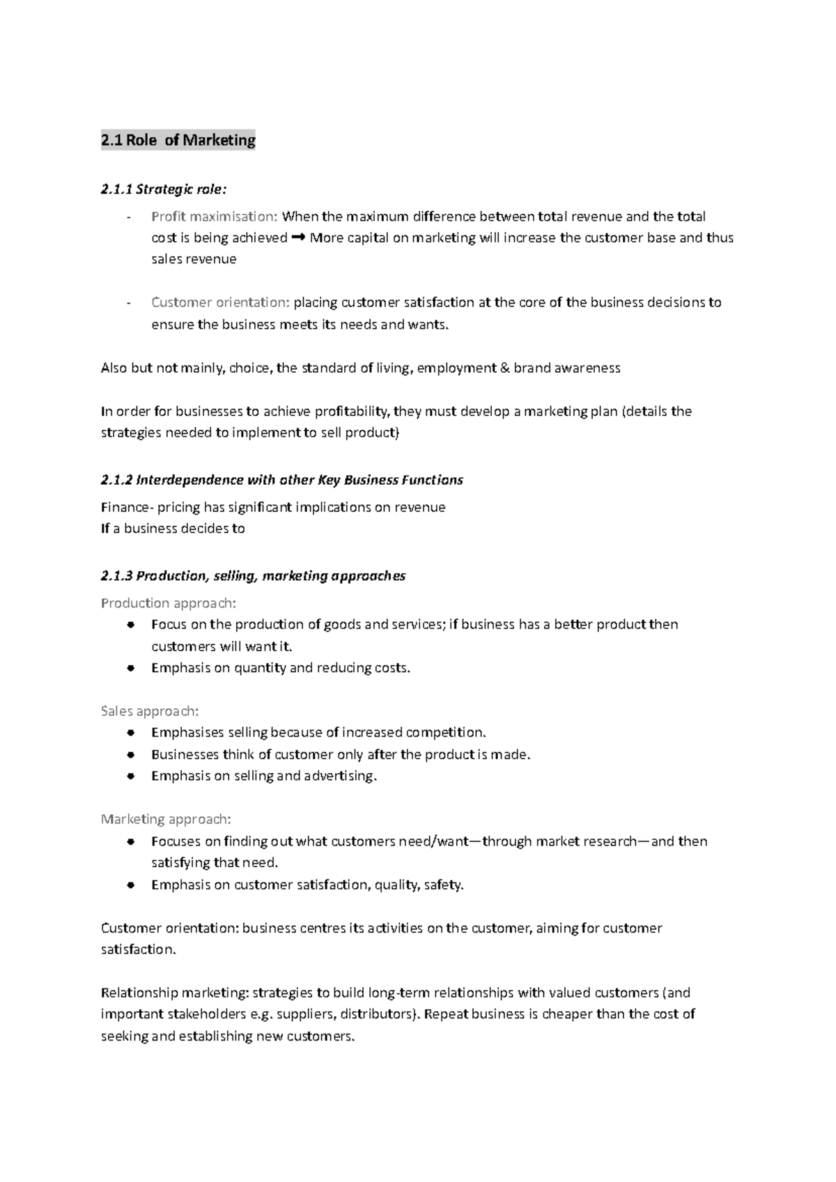 HSC Business Marketing Notes - 2 Role of Marketing 2.1 Strategic role ...