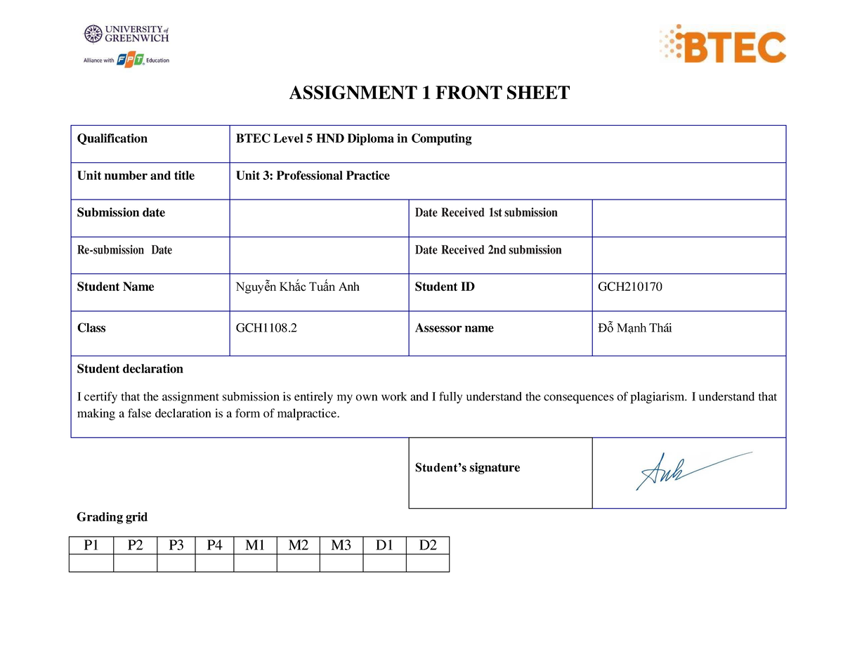 RQF update Assignment 1 Front Sheet 2020 PP - ASSIGNMENT 1 FRONT SHEET ...