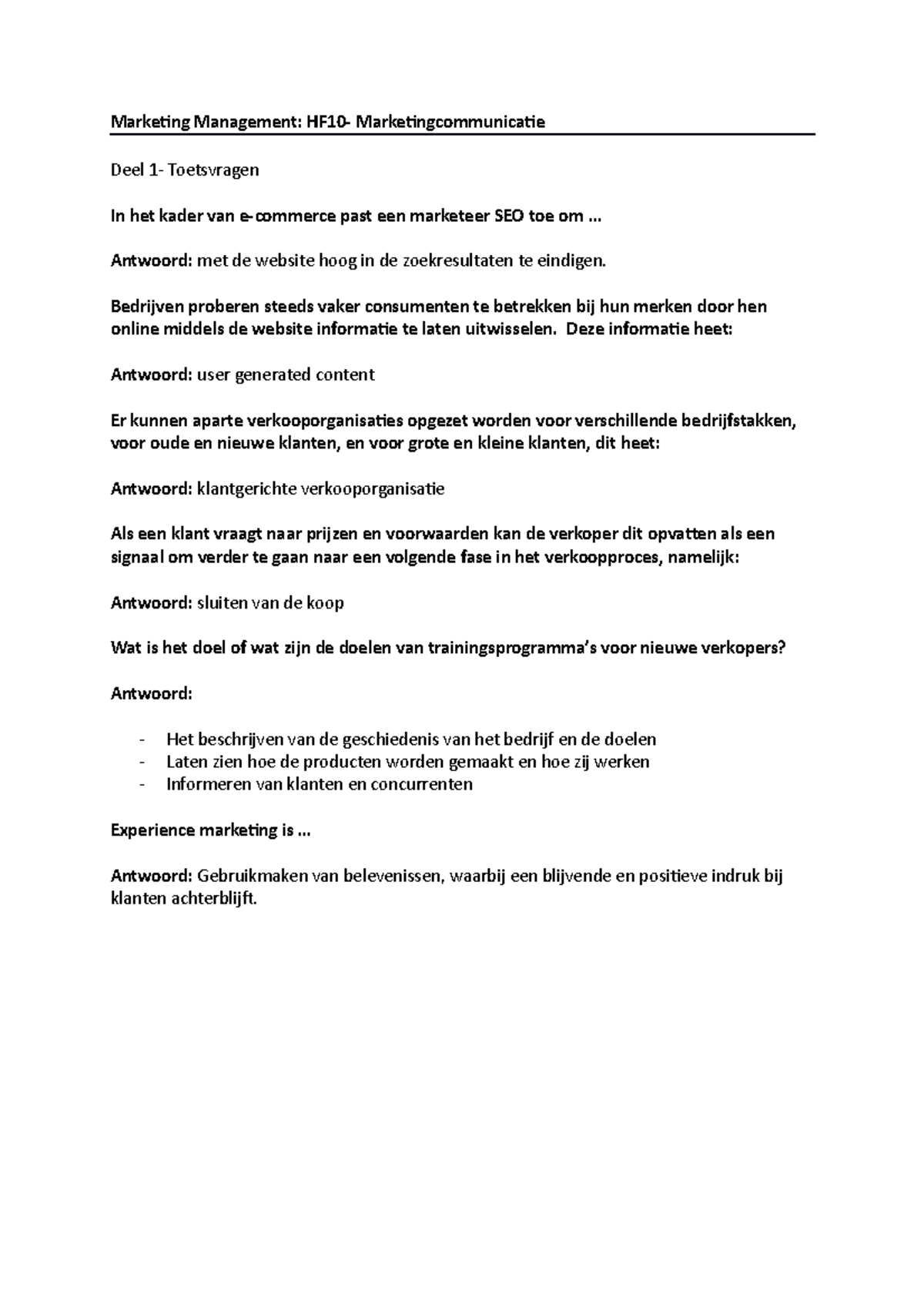 Marketing Management- HF10- Toetsvragen - Marketing Management: HF10 ...