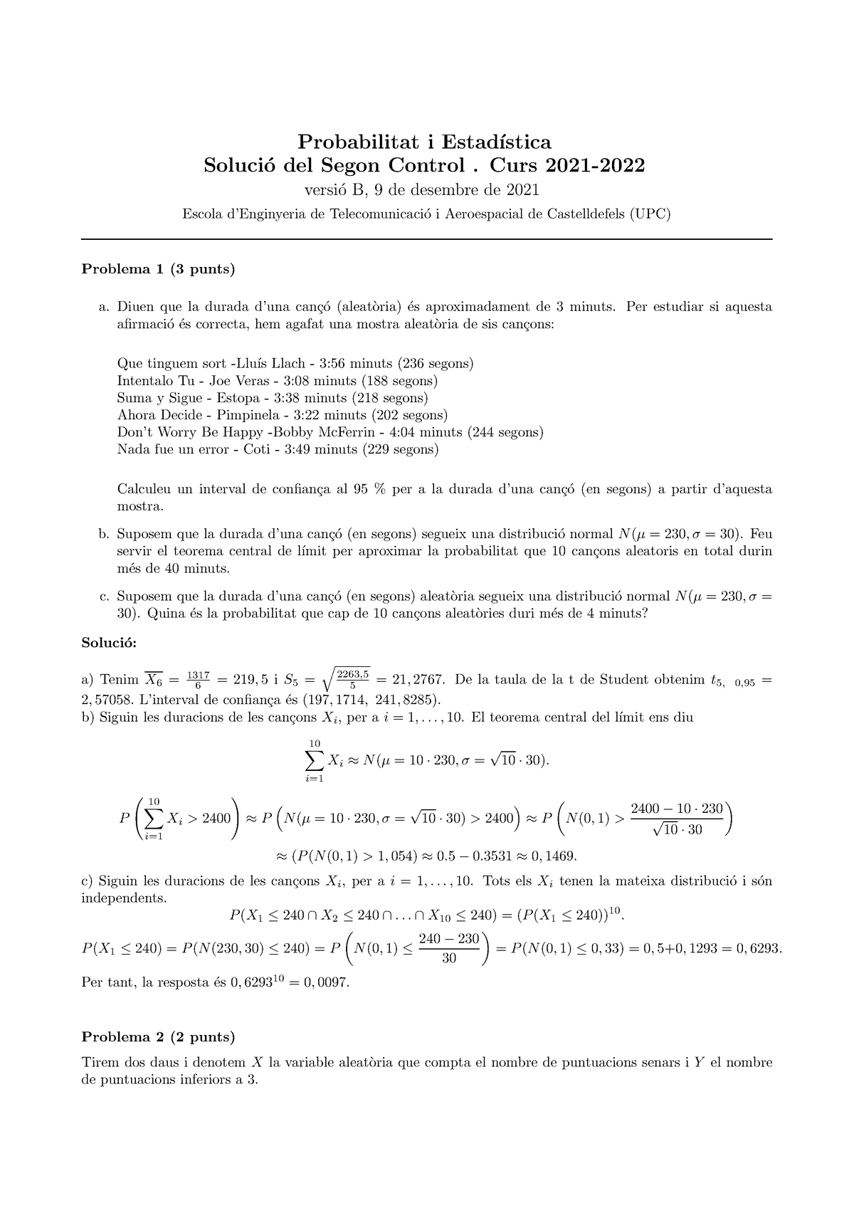 Control 2 09 12 2021 Solucio B1 - Probabilitat I Estad ́ıstica Soluci ...