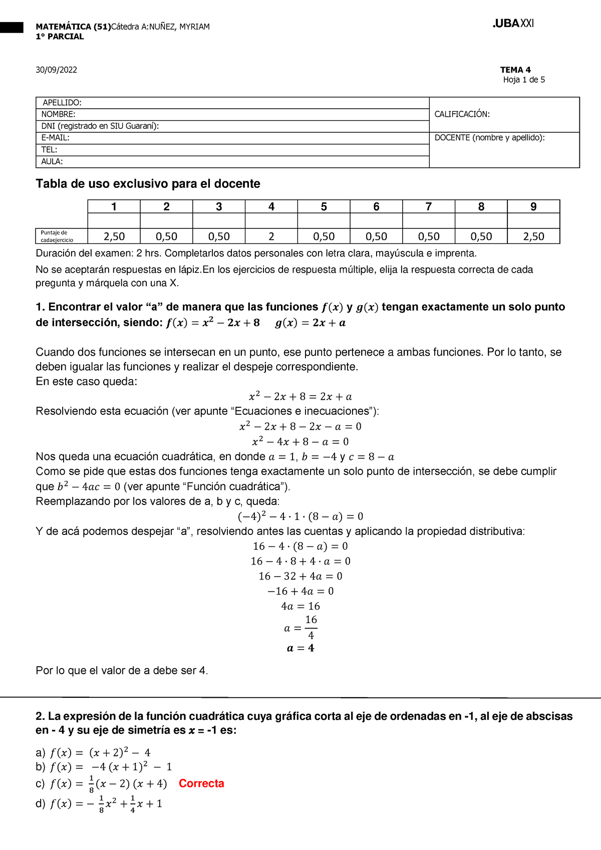 Respuestas Primer Parcial TEMA 4 Matematica Primer Turno 30-09-2022 ...