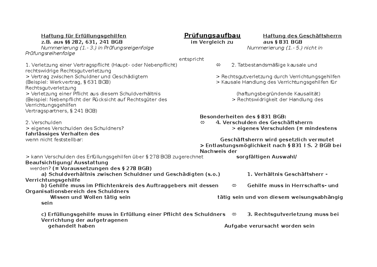 Prüfungsaufbau Haftung Für Erfüllungsgehilfen Im Vergleich Zu § 831 BGB ...