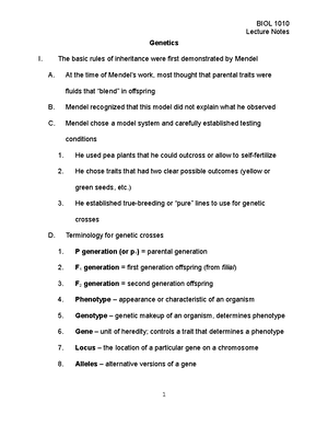 2021 BIOL 1010 Biology Lecture Notes Genetics 20b - Lecture Notes ...