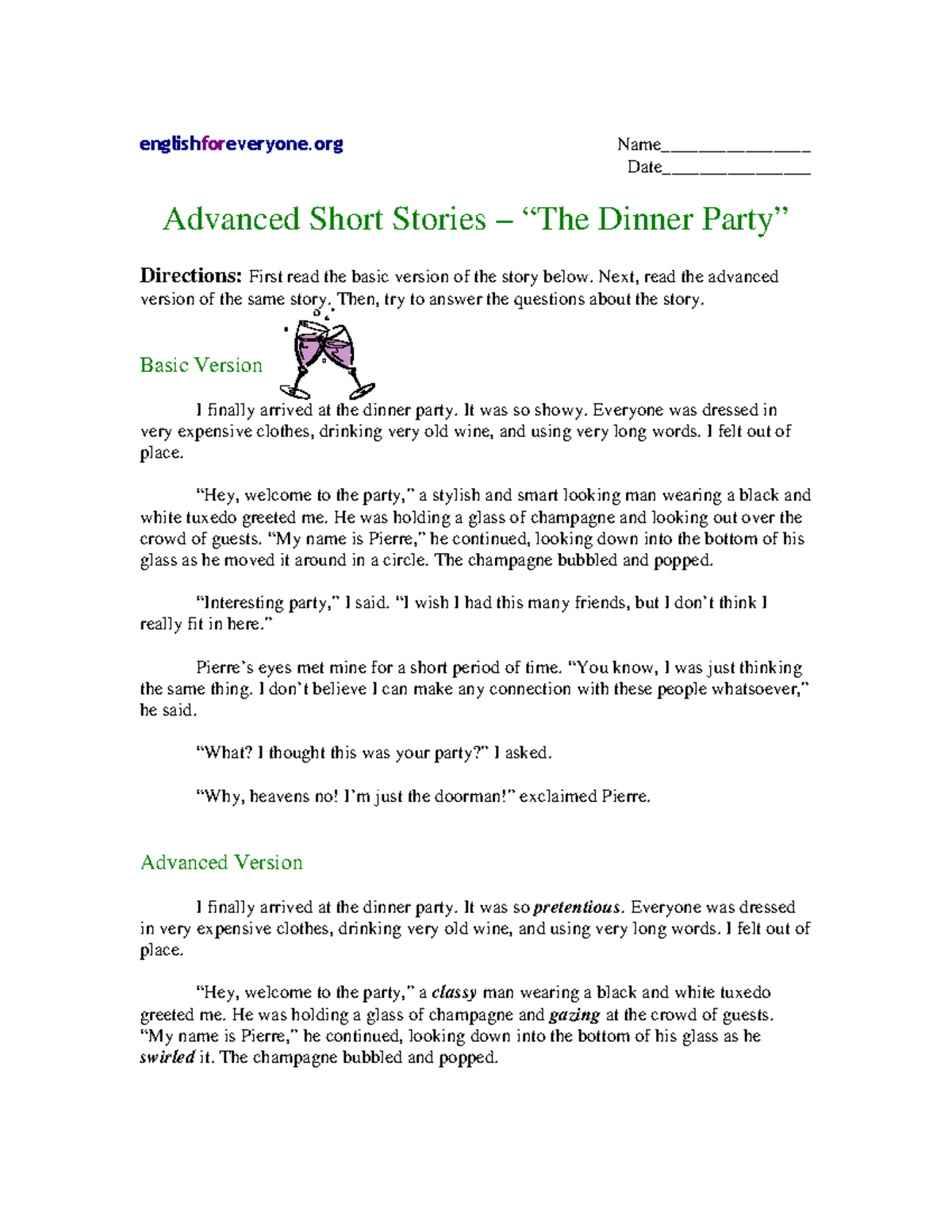 Advanced Short Stories with Questions, The Dinner Party ...