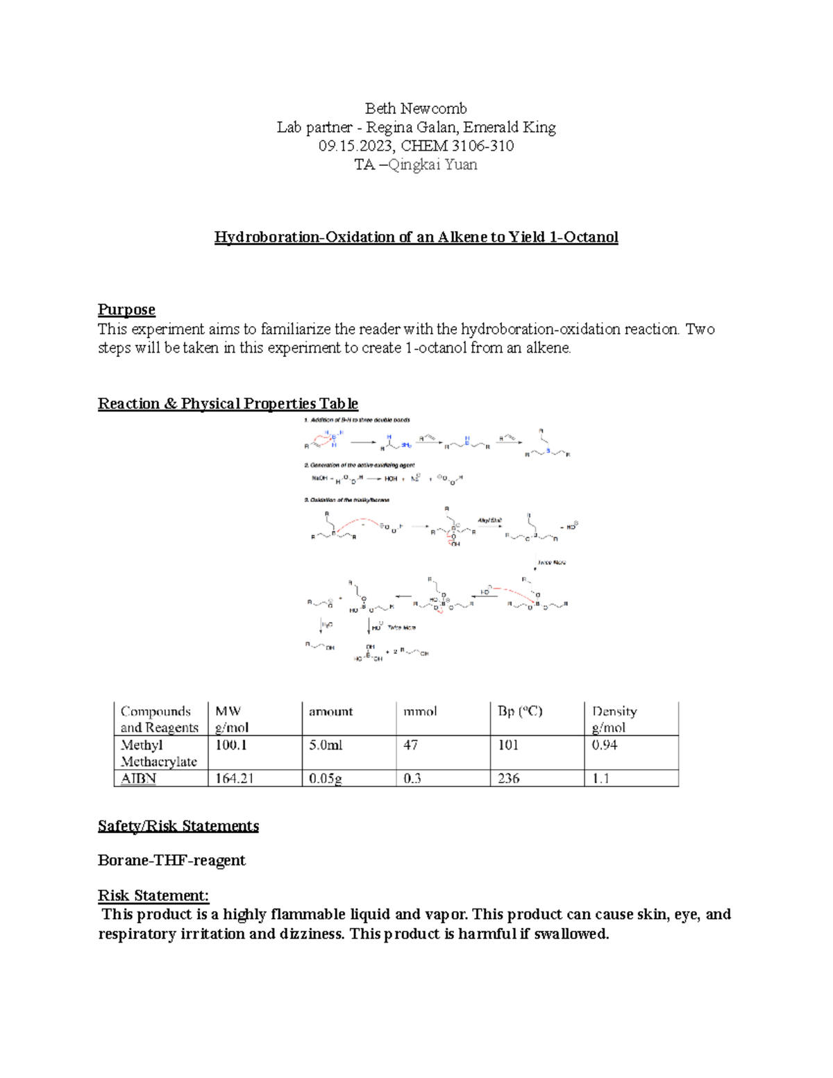 Ochem 3106 Lab #3 - Lab - Beth Newcomb Lab Partner - Regina Galan ...