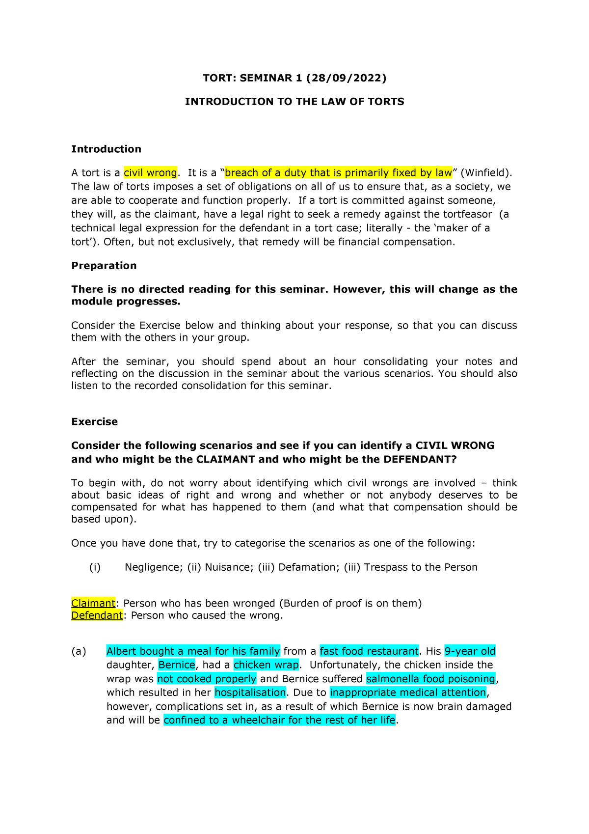 Tort Seminar 1 28 Tort Seminar 1 28092022 Introduction To The Law Of Torts Introduction 1614