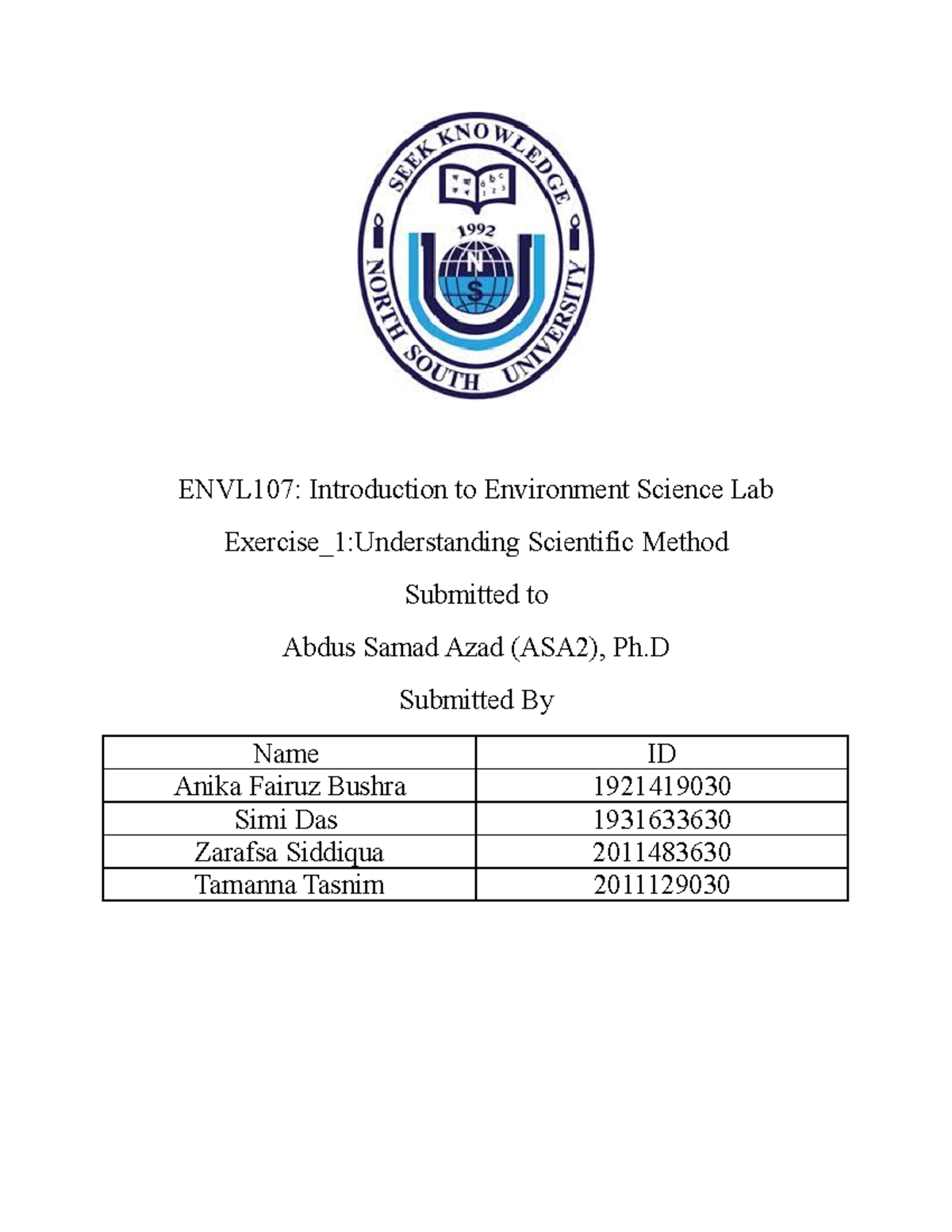 ENVL107 Exercise-01 - ENVL107: Introduction To Environment Science Lab ...