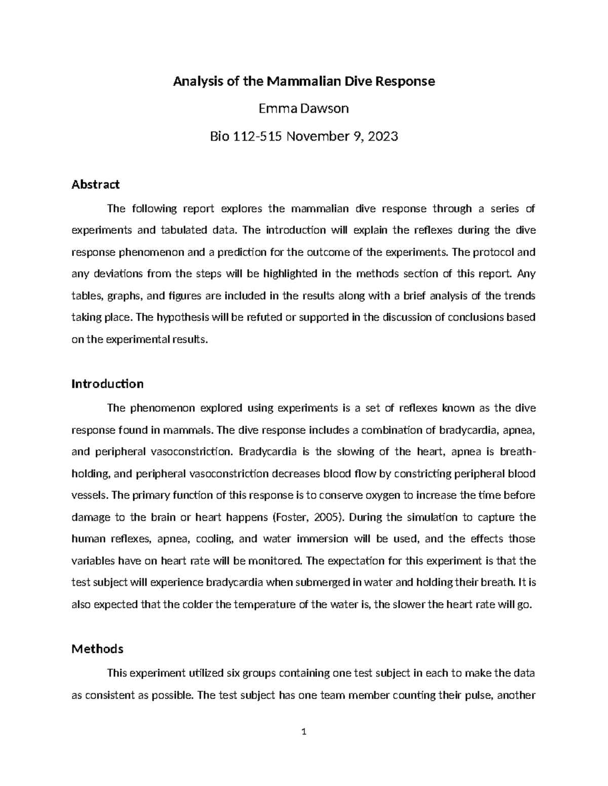 Analysis of the Mammalian Dive Response - The introduction will explain