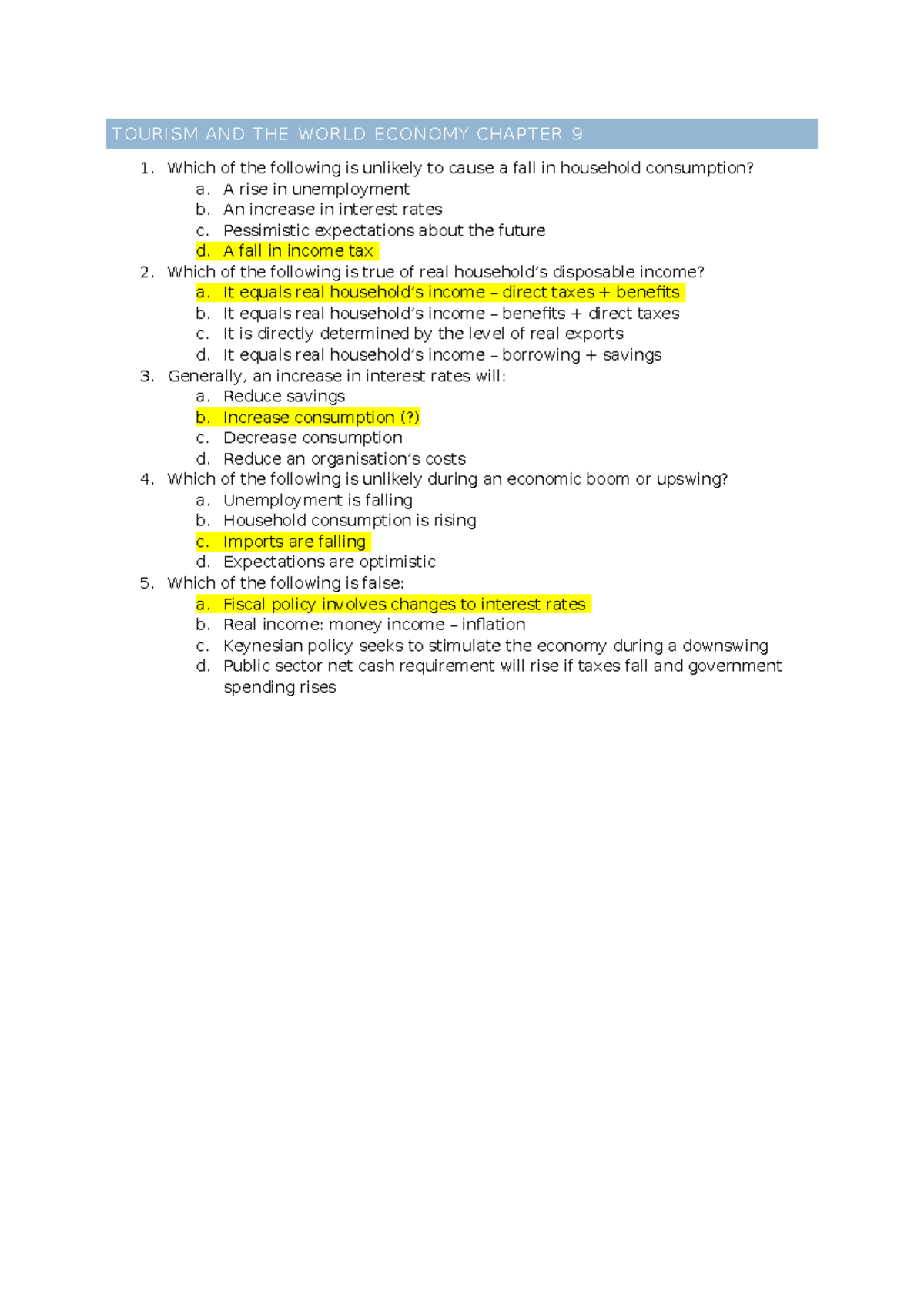 T WE Chapter 9 MCQ TOURISM AND THE WORLD ECONOMY CHAPTER 9 Which Of