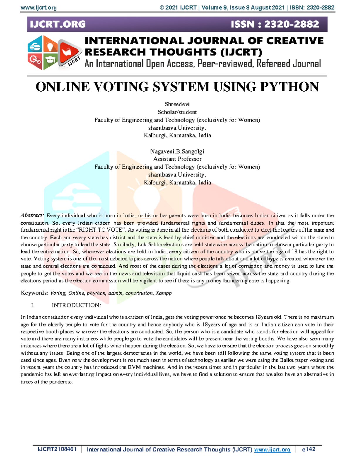 Ijcrt 2108461 - ONLINE VOTING SYSTEM USING PYTHON Shreedevi Scholar ...