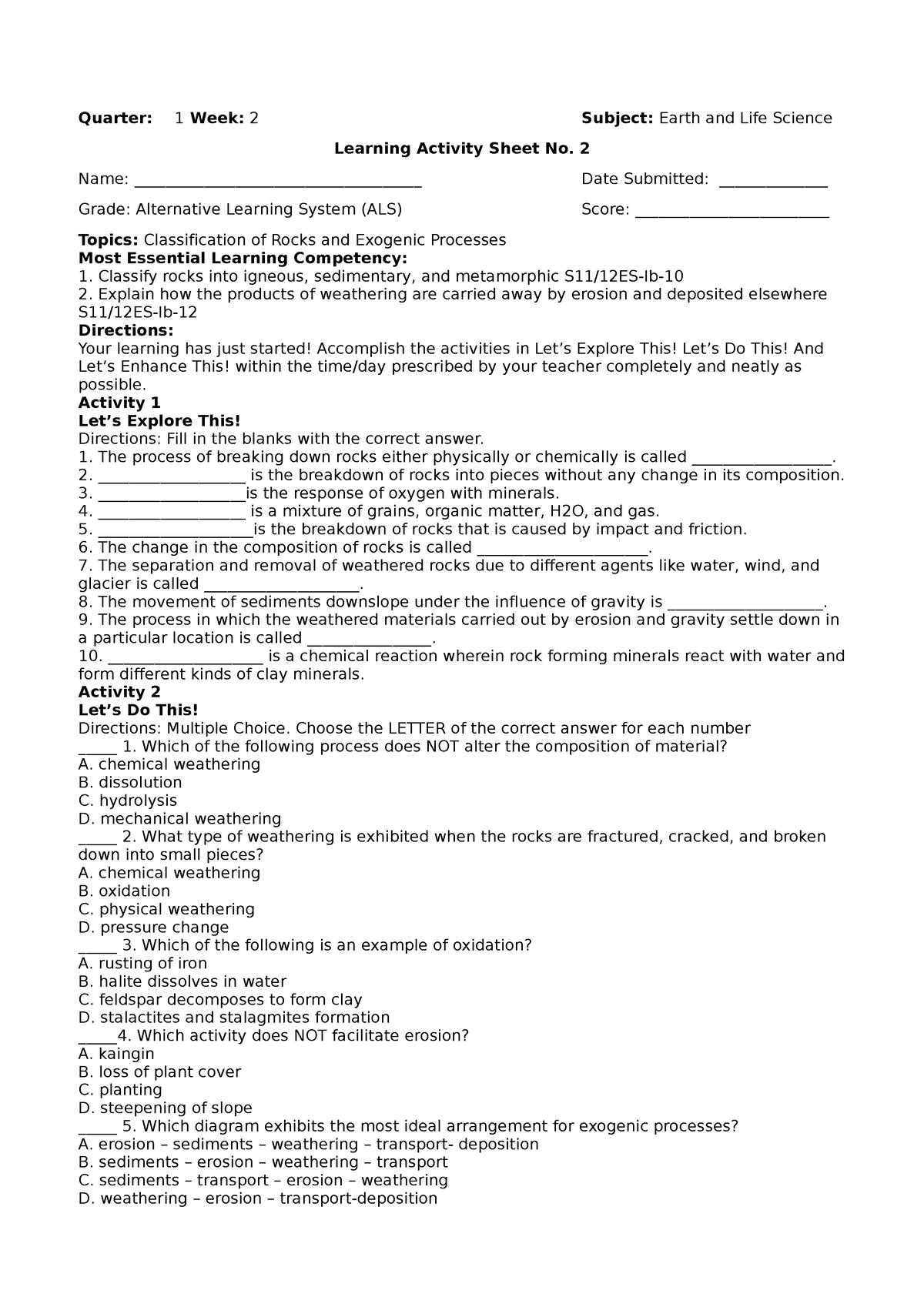 Learning Activity Sheet No. 2 ELS-KEY - Quarter: 1 Week: 2 Subject ...