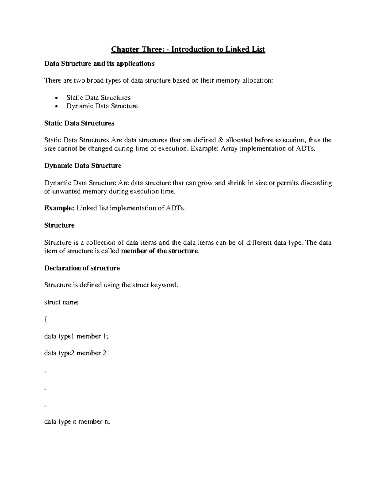 ChapterThreeLinked List Chapter Three Introduction to Linked