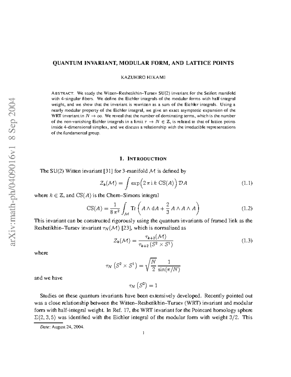 0409016 - Cours - arXiv:math-ph/0409016v1 8 Sep 2004 QUANTUM INVARIANT ...