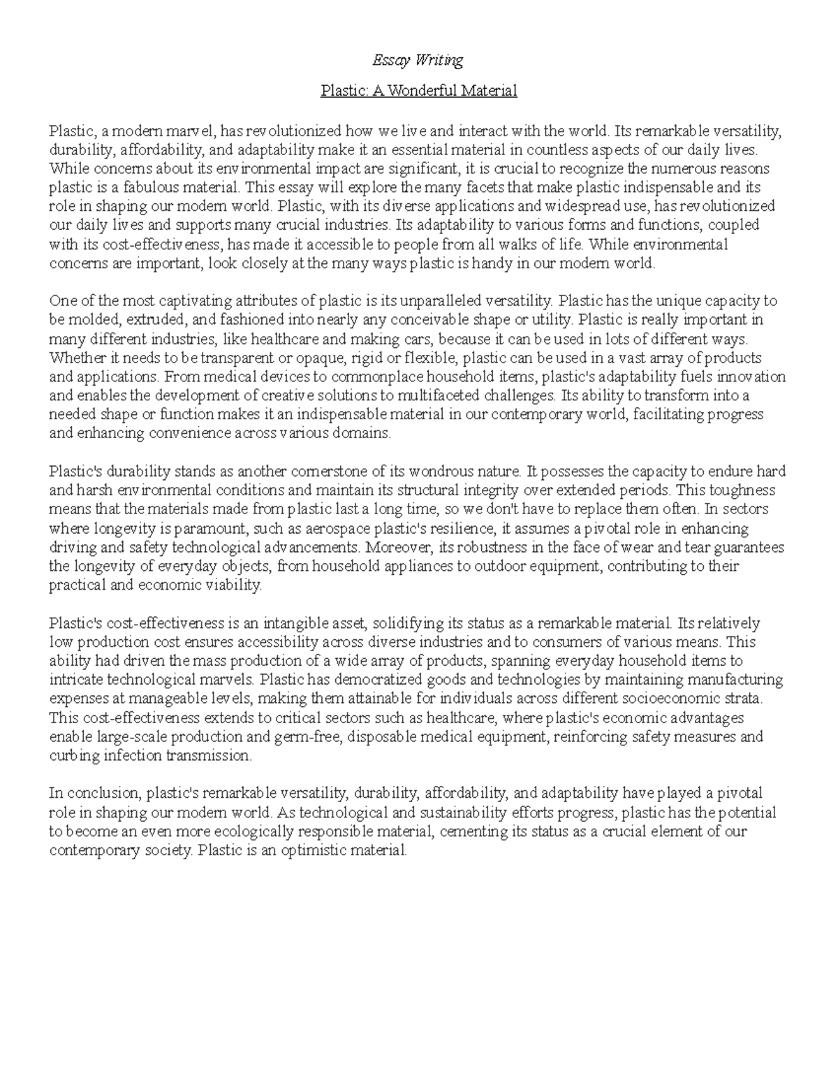 Plastic A Wonderful Material - Essay Writing Plastic: A Wonderful ...