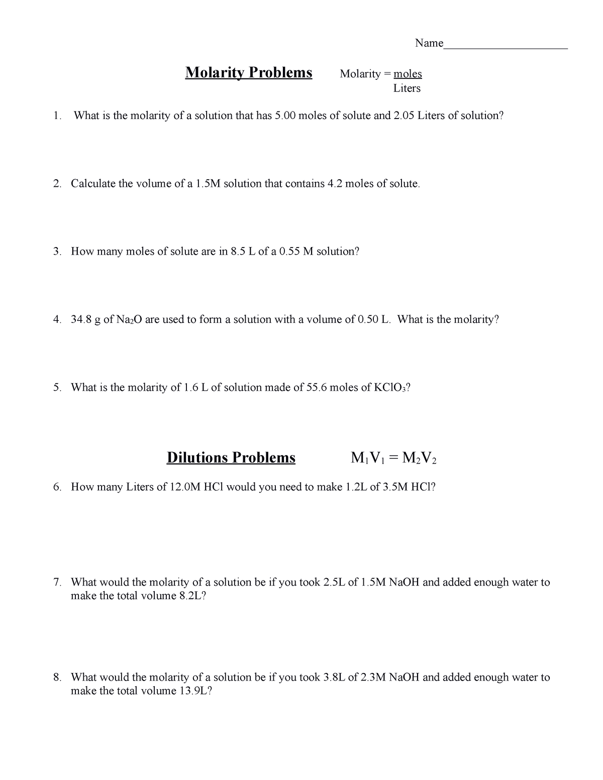 Molarity And Dilutions Worksheet Reno - Name ...