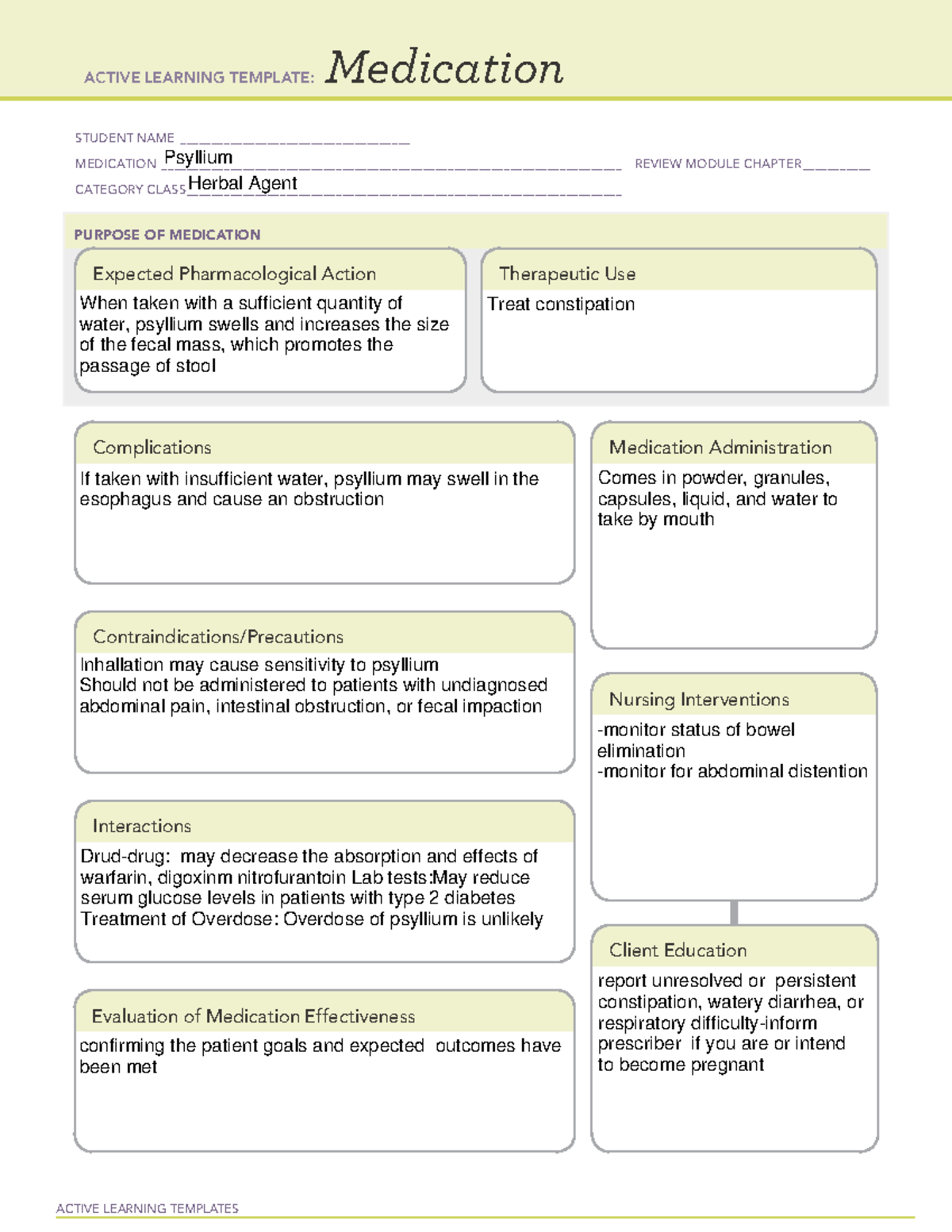 Psyllium template medication - ACTIVE LEARNING TEMPLATES Medication ...