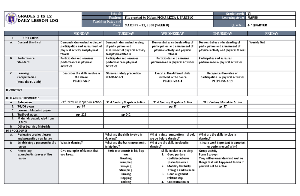 DLL Mapeh 6 Q4 W8 - Daily Lesson Log - GRADES 1 to 12 DAILY LESSON LOG ...