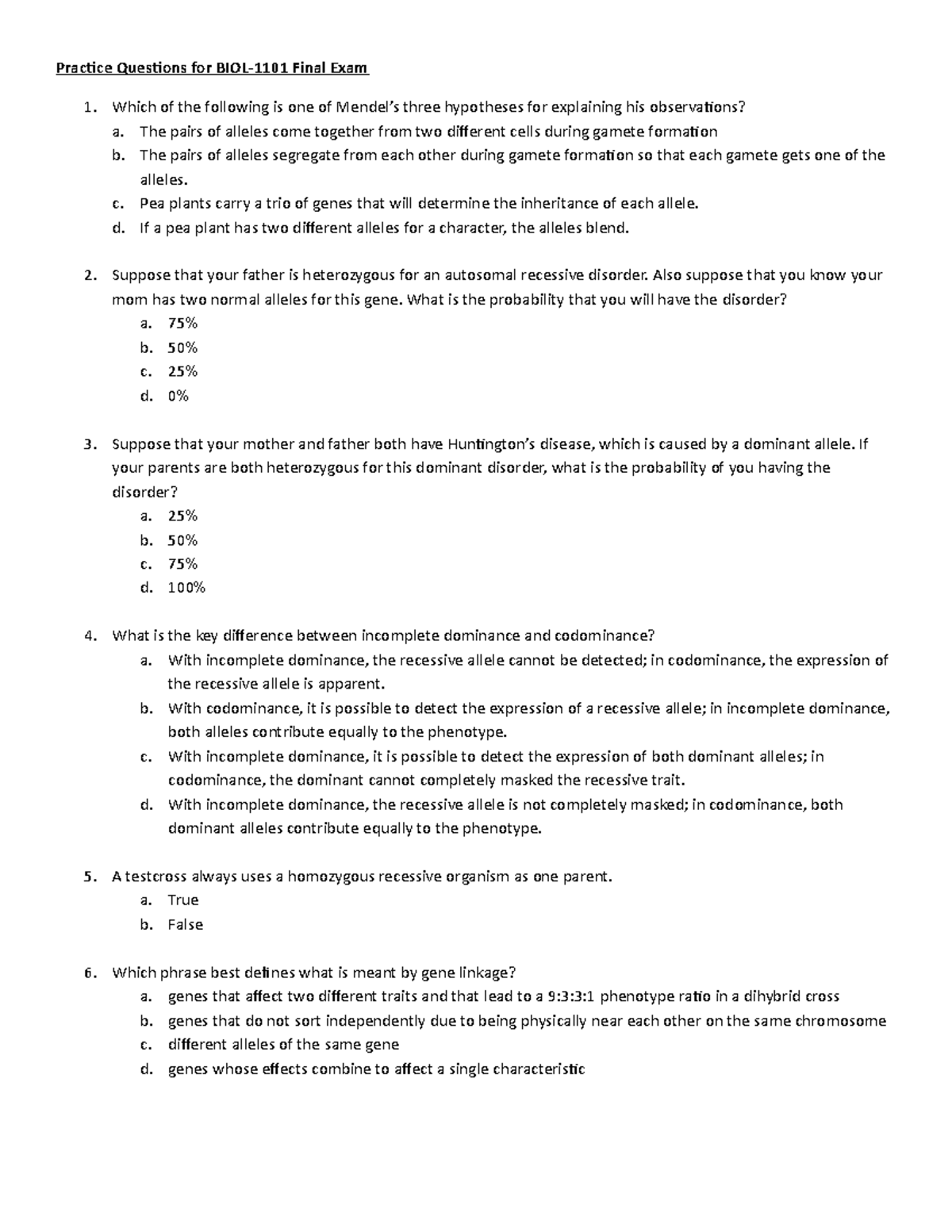 Practice Questions For Final Exam Practice Questions For BIOL 1101 