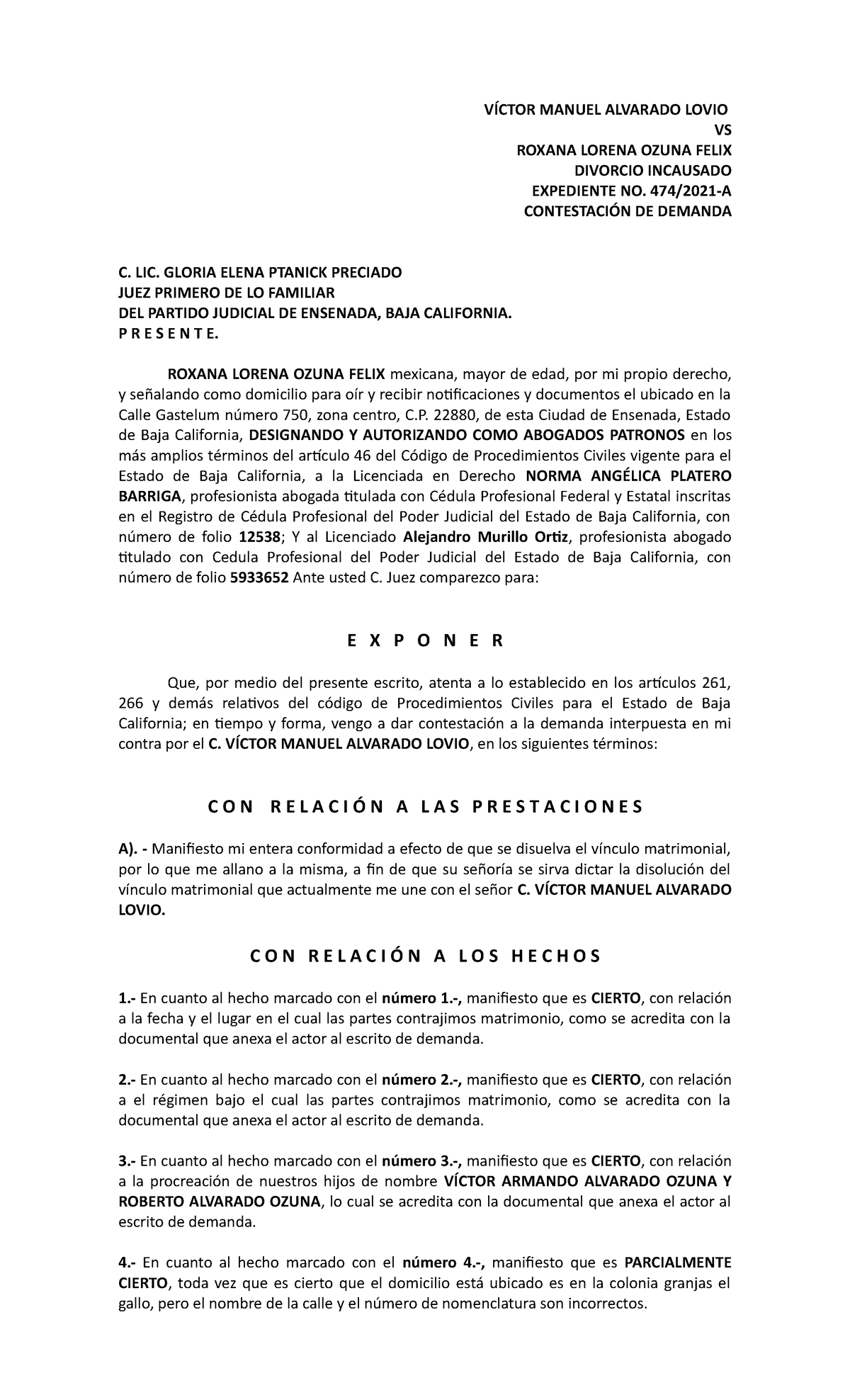 Contestación y Reconvención de demanda de divorcio incausado - VÍCTOR  MANUEL ALVARADO LOVIO VS - Studocu