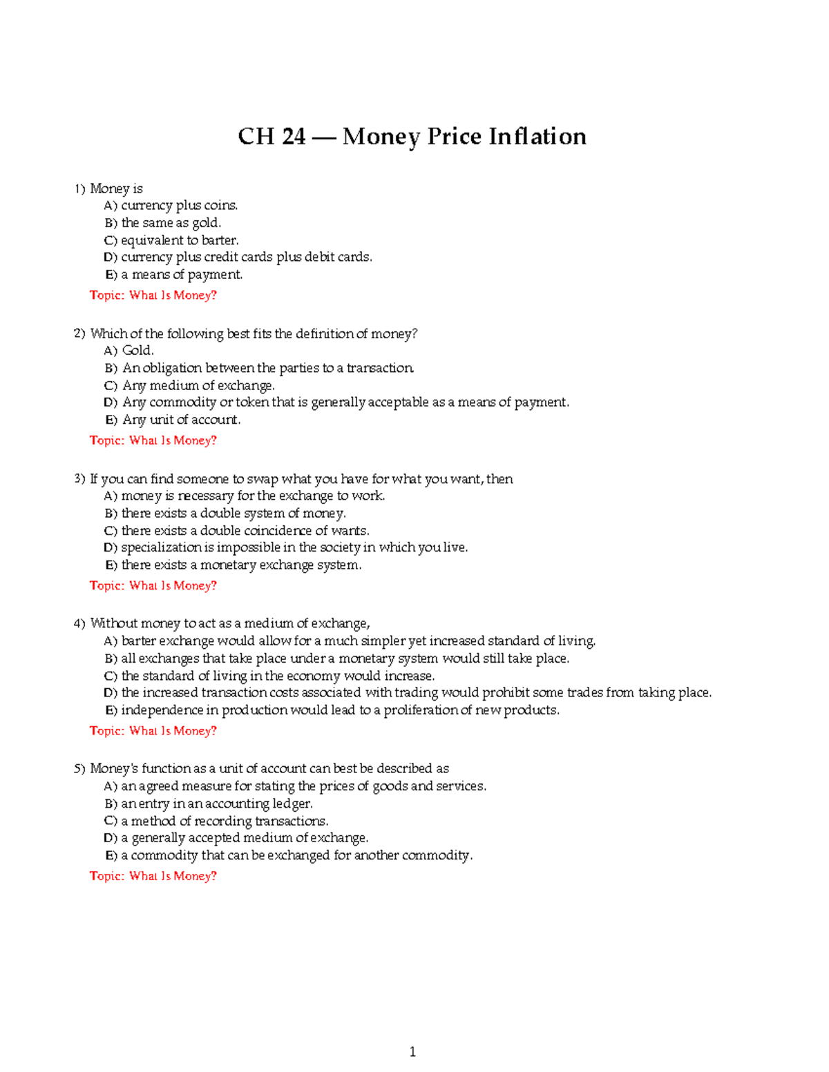 Chapter 24 Money Price Inflation questions and answers - econ1010 ...