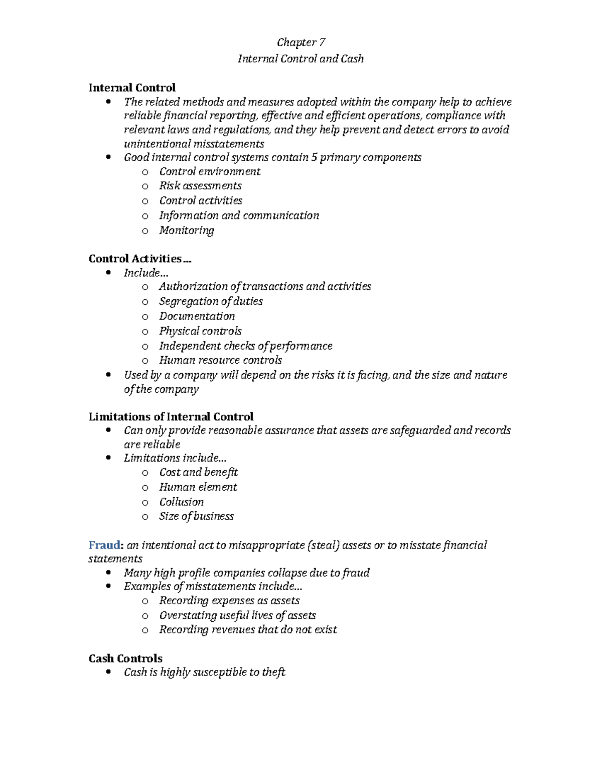 ACCT1220 * Chapter 7 * Internal Control and Cash - Chapter 7 Internal ...