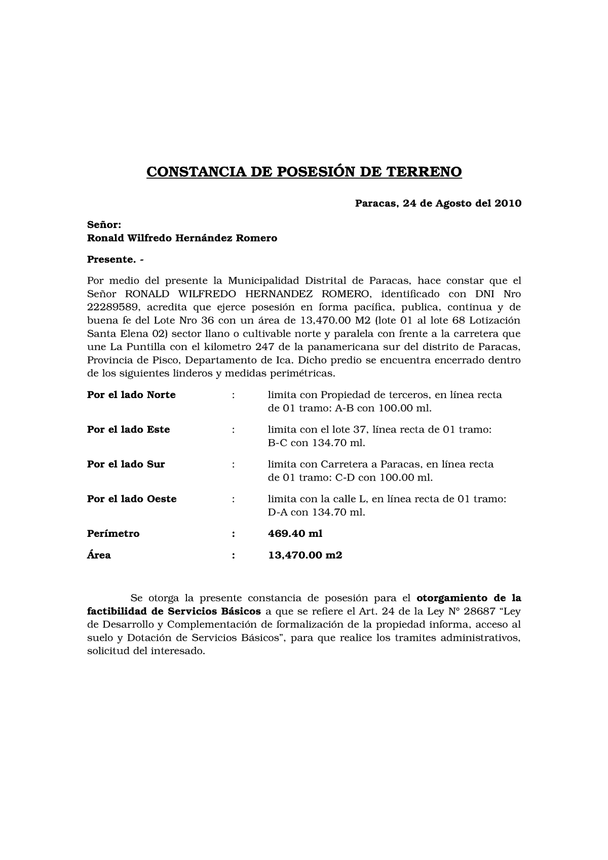 Modelo DE Constancia DE Posesión DE Terreno - CONSTANCIA DE POSESIÓN DE  TERRENO Paracas, 24 de - Studocu