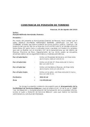 Modelo DE Constancia DE Posesión DE Terreno - CONSTANCIA DE POSESIÓN DE  TERRENO Paracas, 24 de - Studocu