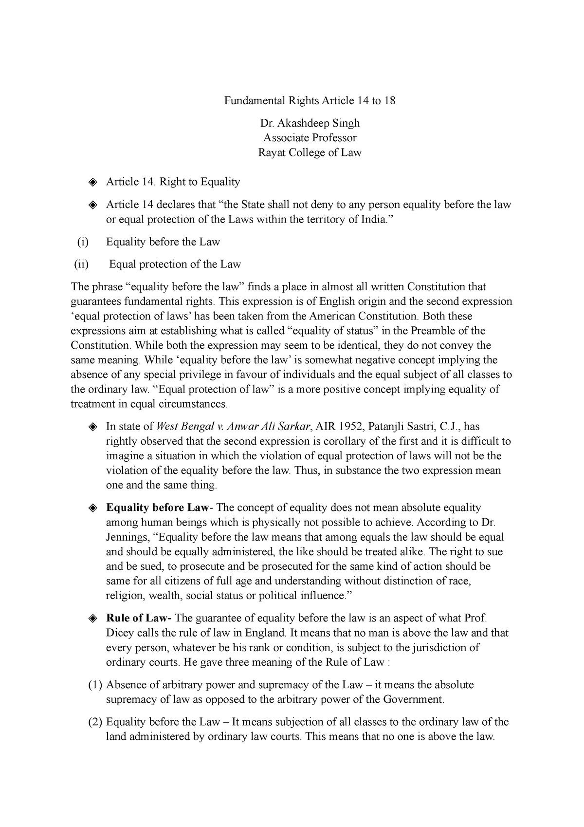 Constituion Notes- Article 14 to 18 - Fundamental Rights Article 14 to ...