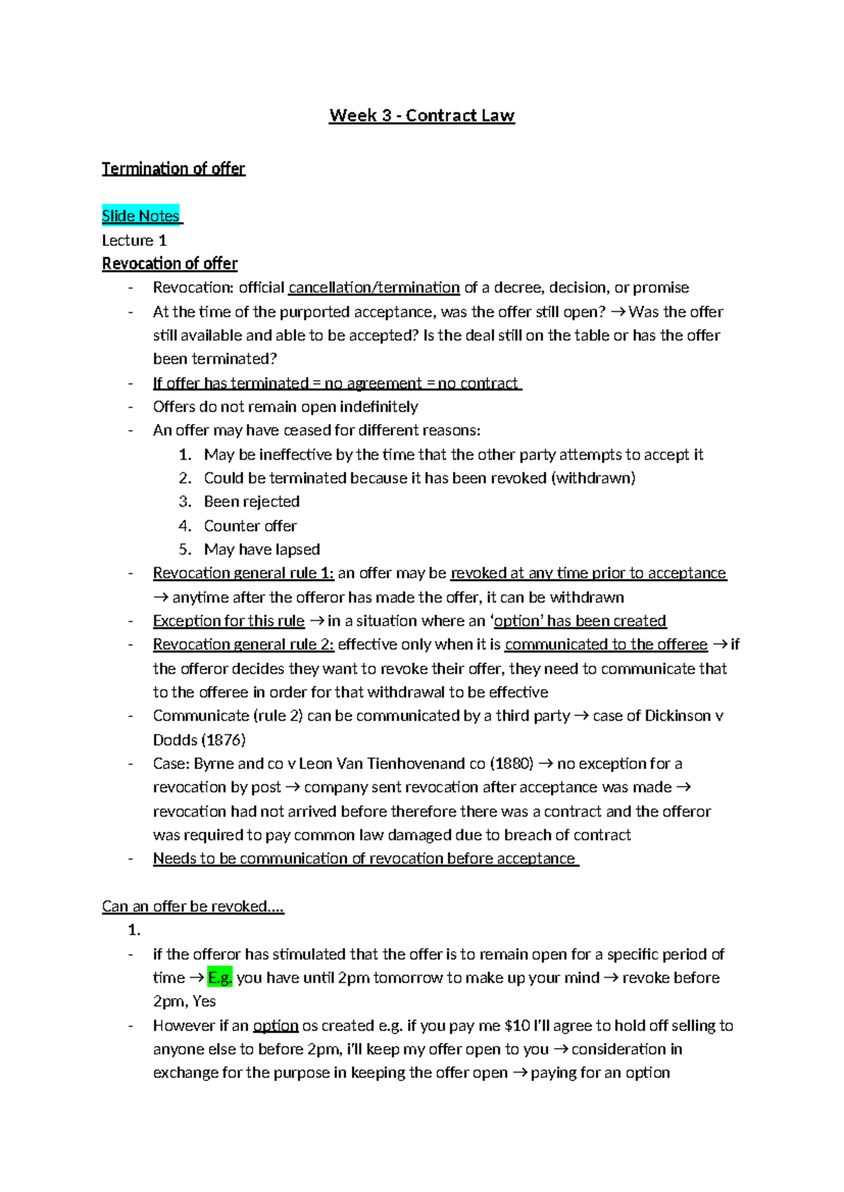 Week 3 - Contract Law - Week 3 - Contract Law Termination of offer ...