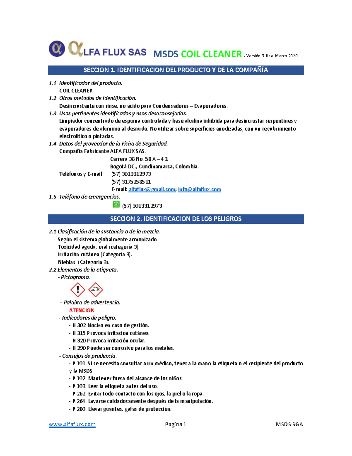 22 HOJA DE Seguridad MSDS Coil Cleaner MSDS COIL CLEANER. Versión 3