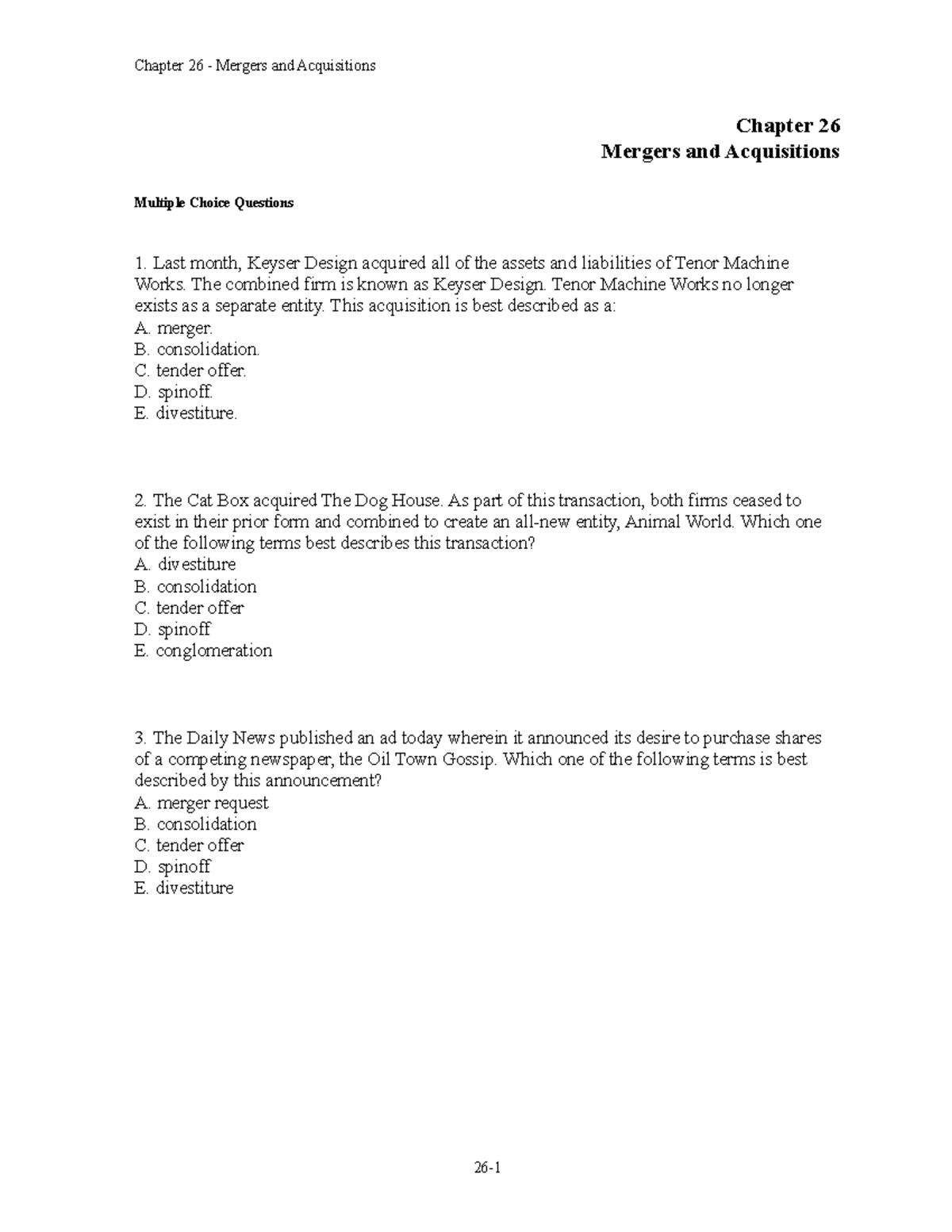 Chap026 Test Bank Chapter 26 Mergers And Acquisitions Multiple