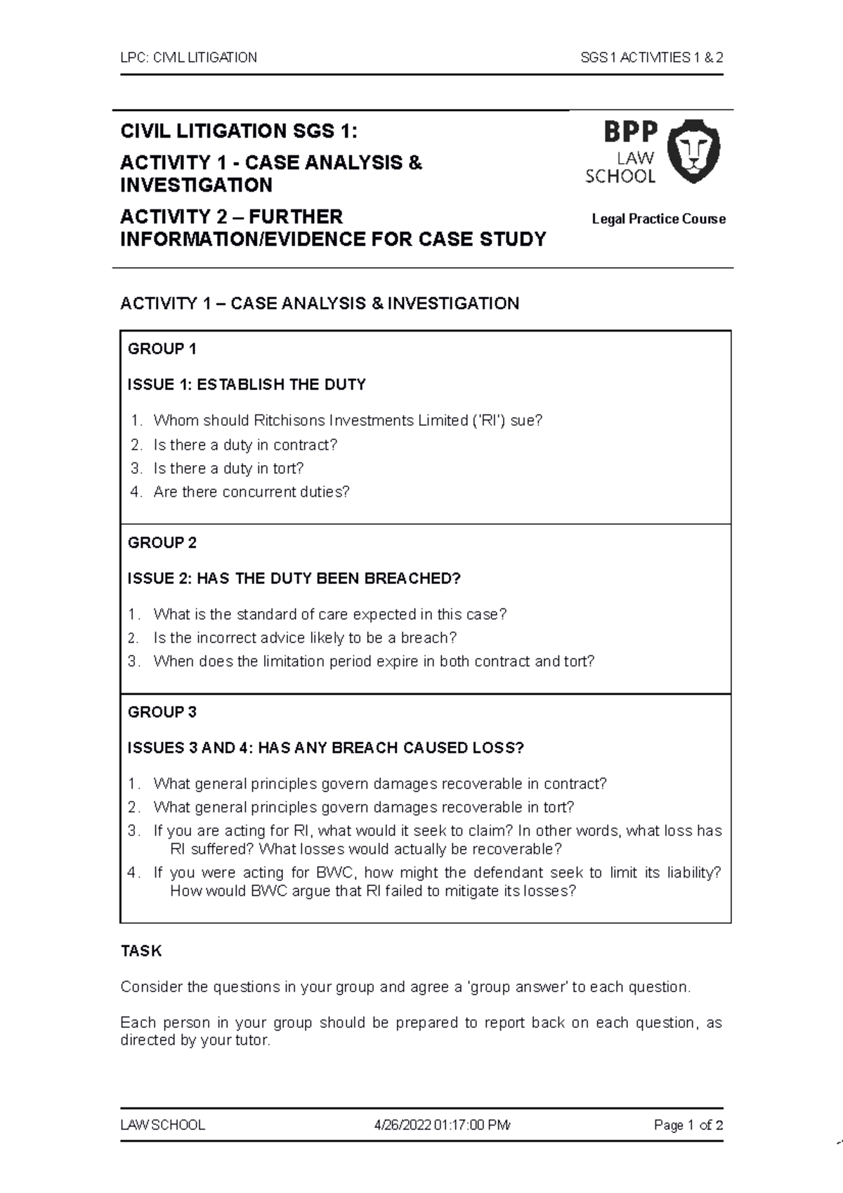 Civil+Litigation+SGS+1+Activities+1+and+2 - BPP - Studocu