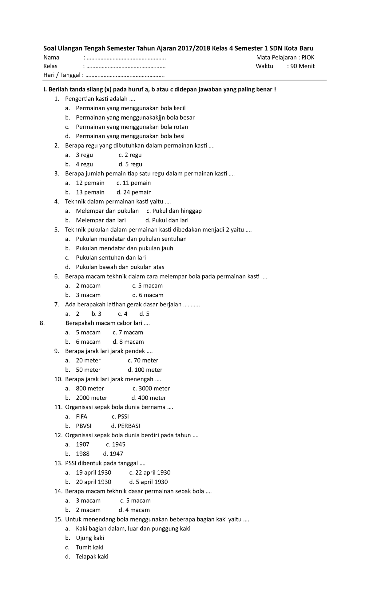 397262196 Soal Dan Kunci Jawaban UTS PJOK Kelas 4 Semester 1 - Soal ...