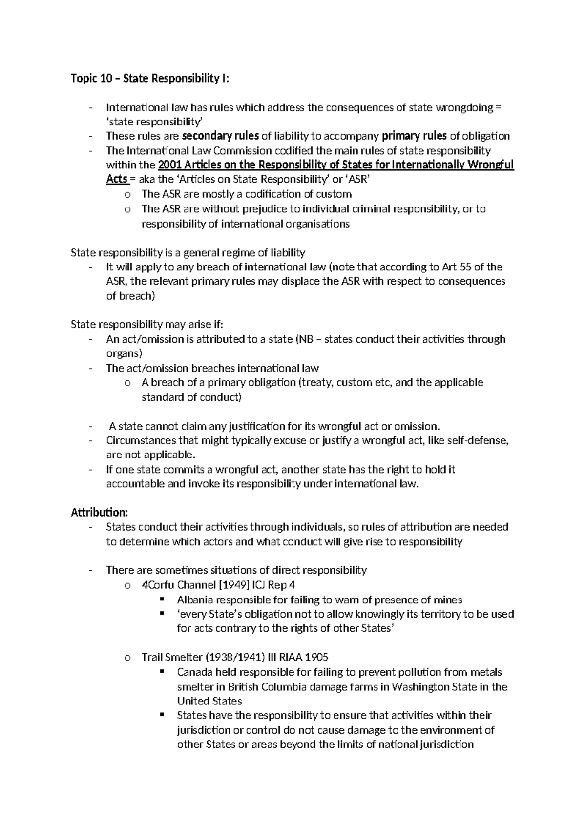 Topic 10 PIL - Topic 10 – State Responsibility I: - International law ...