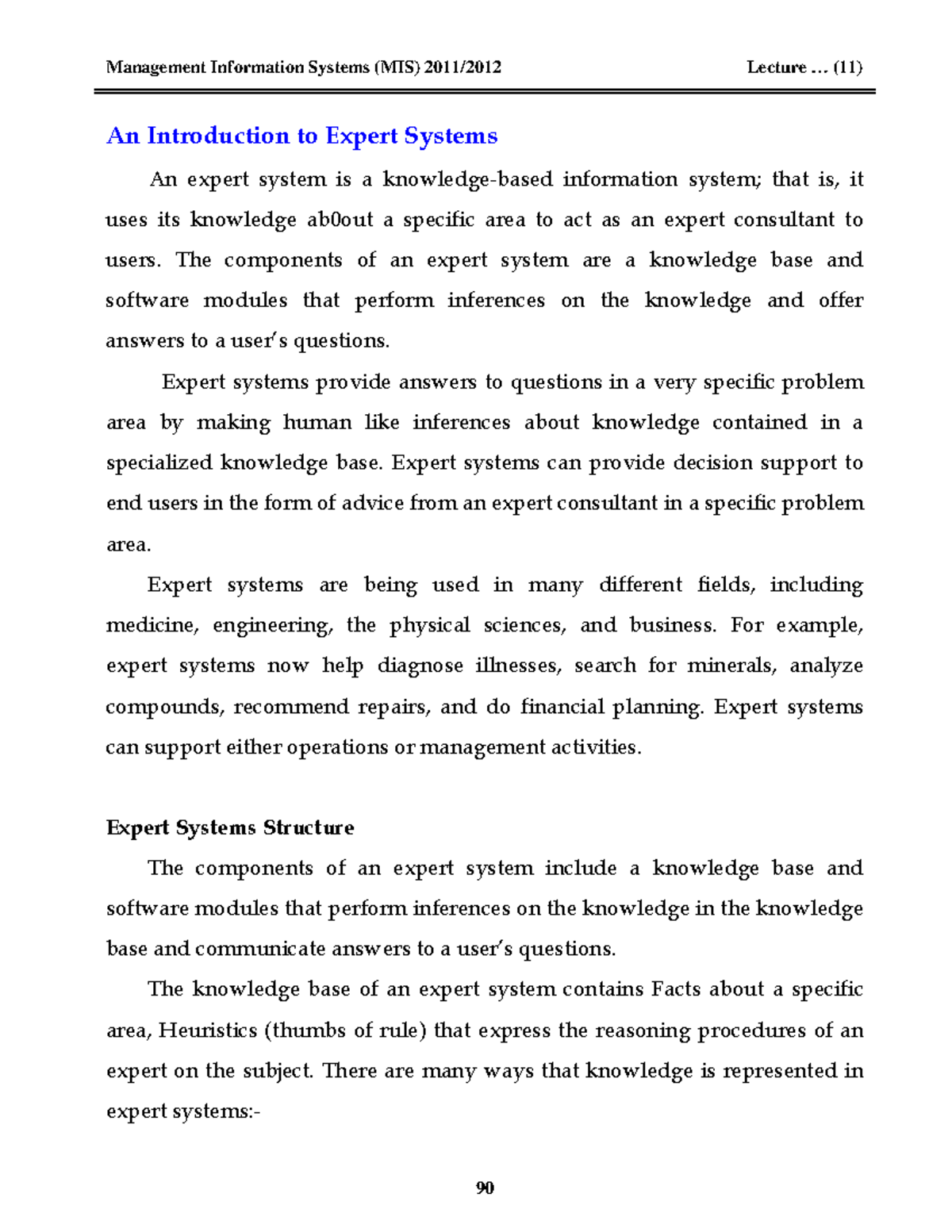 MIS Lecture 11 notes An Introduction to Expert Systems An expert