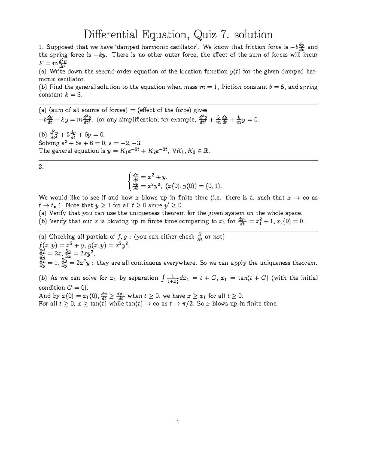 2410Q Quiz07 solution - Differential Equation, Quiz 7. solution 1 ...