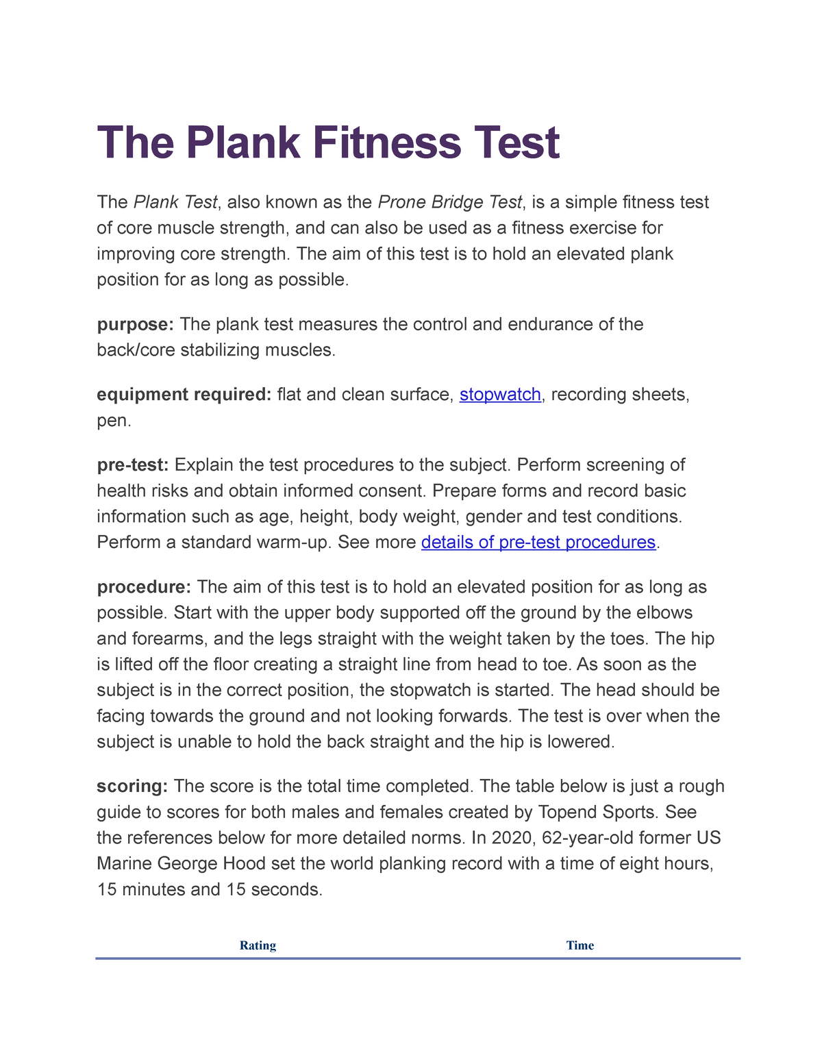 Fitness-test - Fitness test mechanics and scoring - The Plank Fitness ...