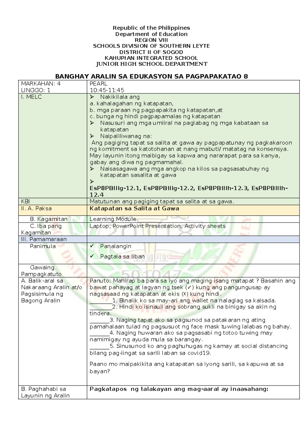 lesson plan in edukasyon sa pagpapakatao Republic of the Philippines